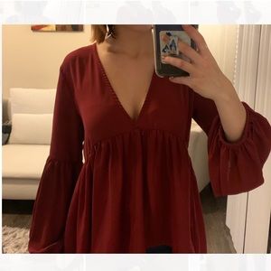 Shein Peasant Top in Maroon with High-Low Hem